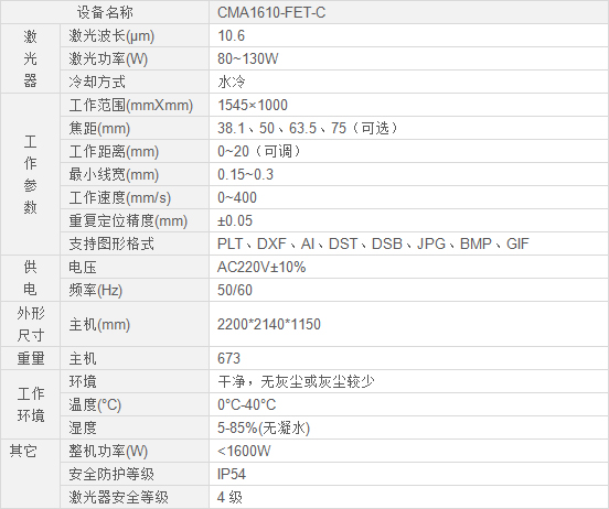 自動送料激光切割機性能參數